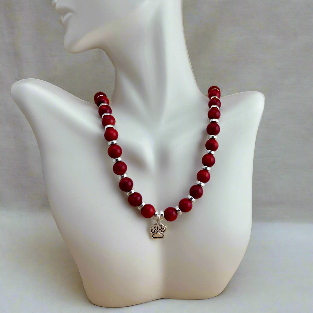 Red & Silver Paw Print Necklace in a Silver Metal 19"