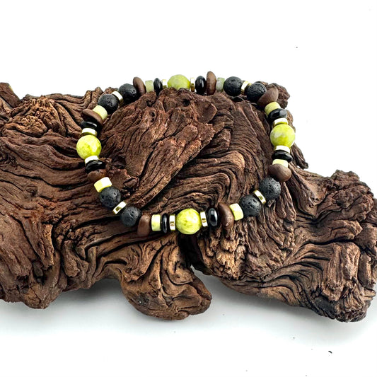 Green Jade |  Black Onyx | Seeds | Back Lava Stones | 18K Gold-plated Spacer Discs