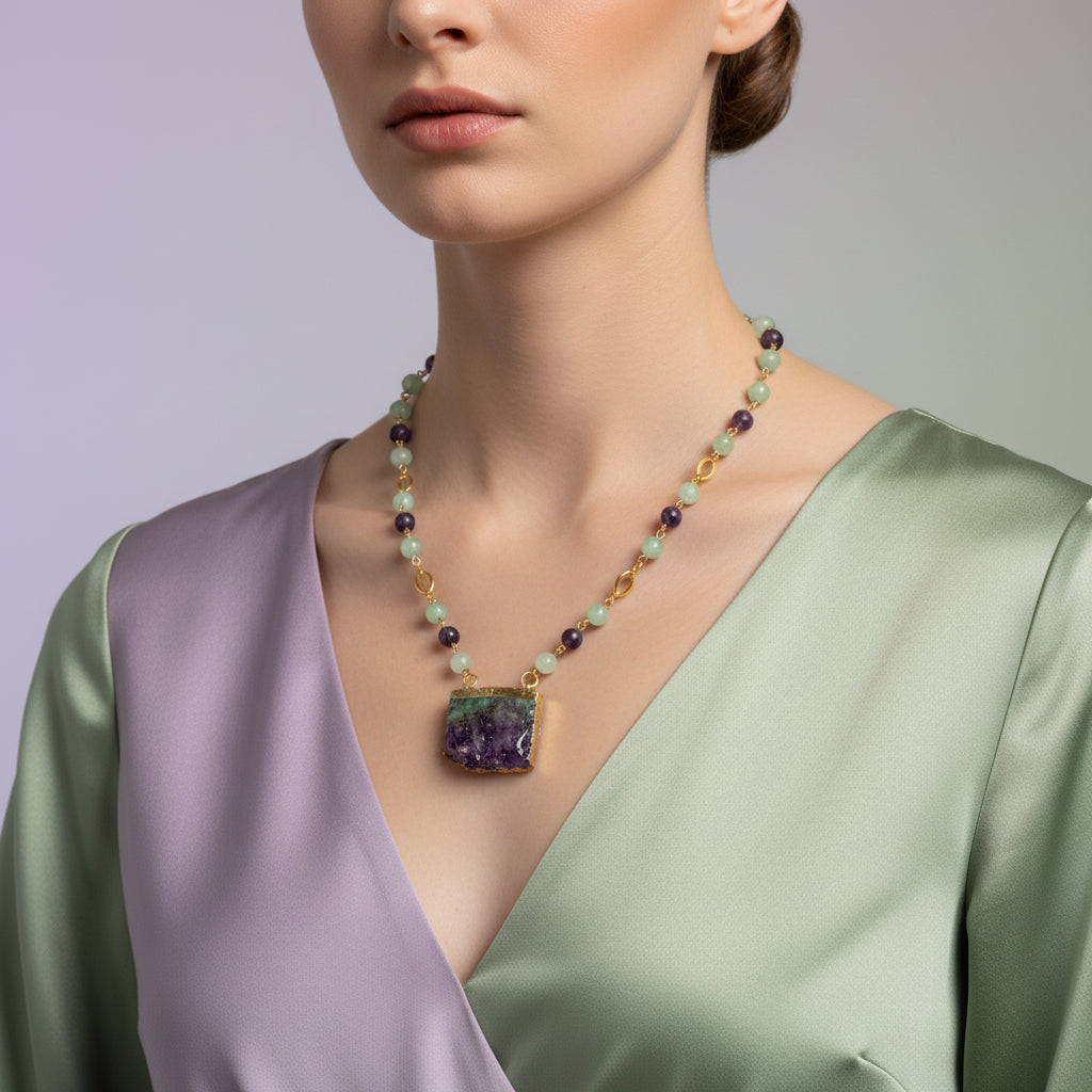 Necklace | Amethyst & Jade Slice Pendant | 18K Matte Gold Chain Links | 15"