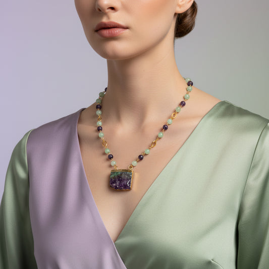 Necklace | Amethyst & Jade Slice Pendant | 18K Matte Gold Chain Links | 15"