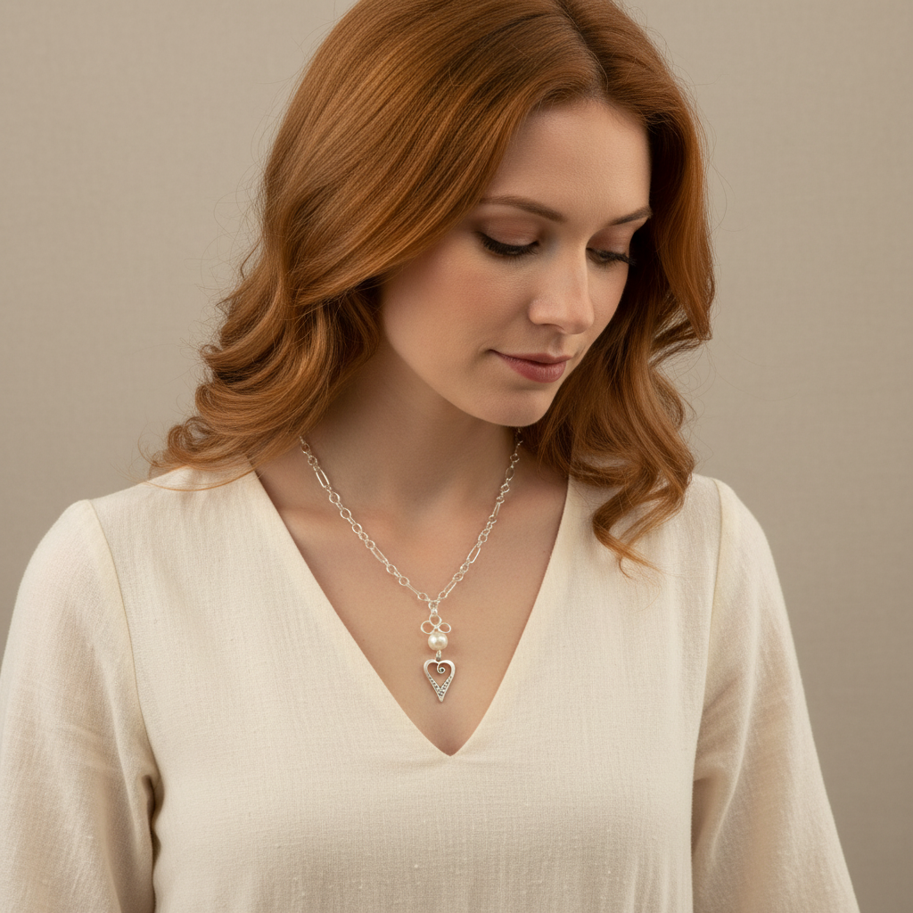 Necklace | Chain | Antique Silver Open Heart Charm | Handmade Pendant | Faceted Glass Pearl |  16”