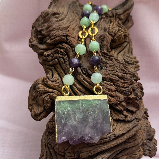 Necklace | Amethyst & Jade Slice Pendant | 18K Matte Gold Chain Links | 15"