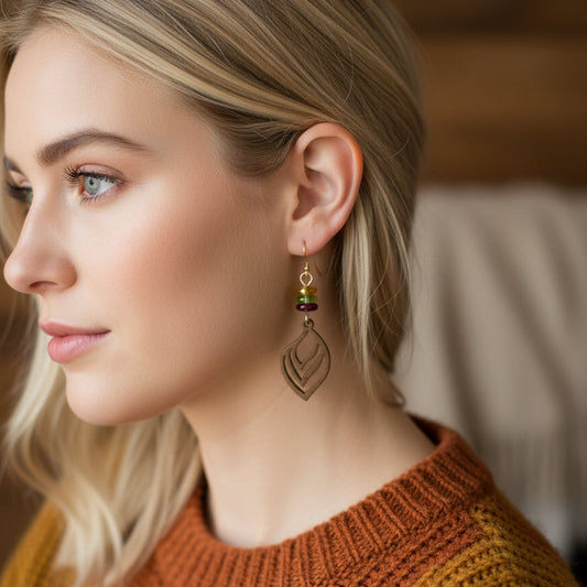 Earrings | Wooden Leaf Charms | Multi-colored Czech Glass Saucer Beads | 2.5"