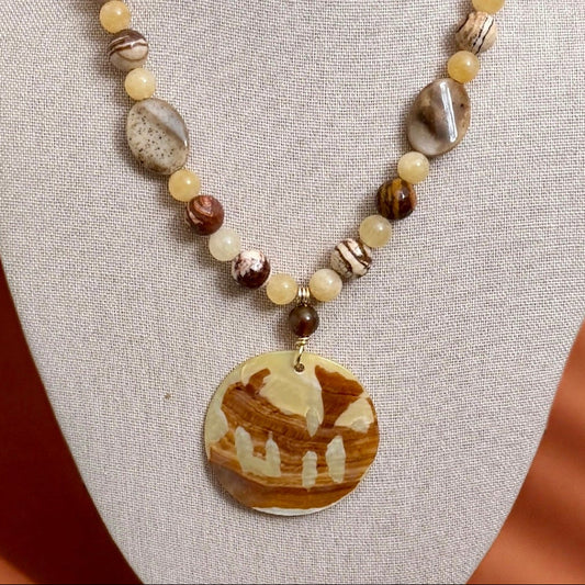 Necklace | Yellow & Brown Gemstones | Round Shell Pendant | 18" with 2" Extension