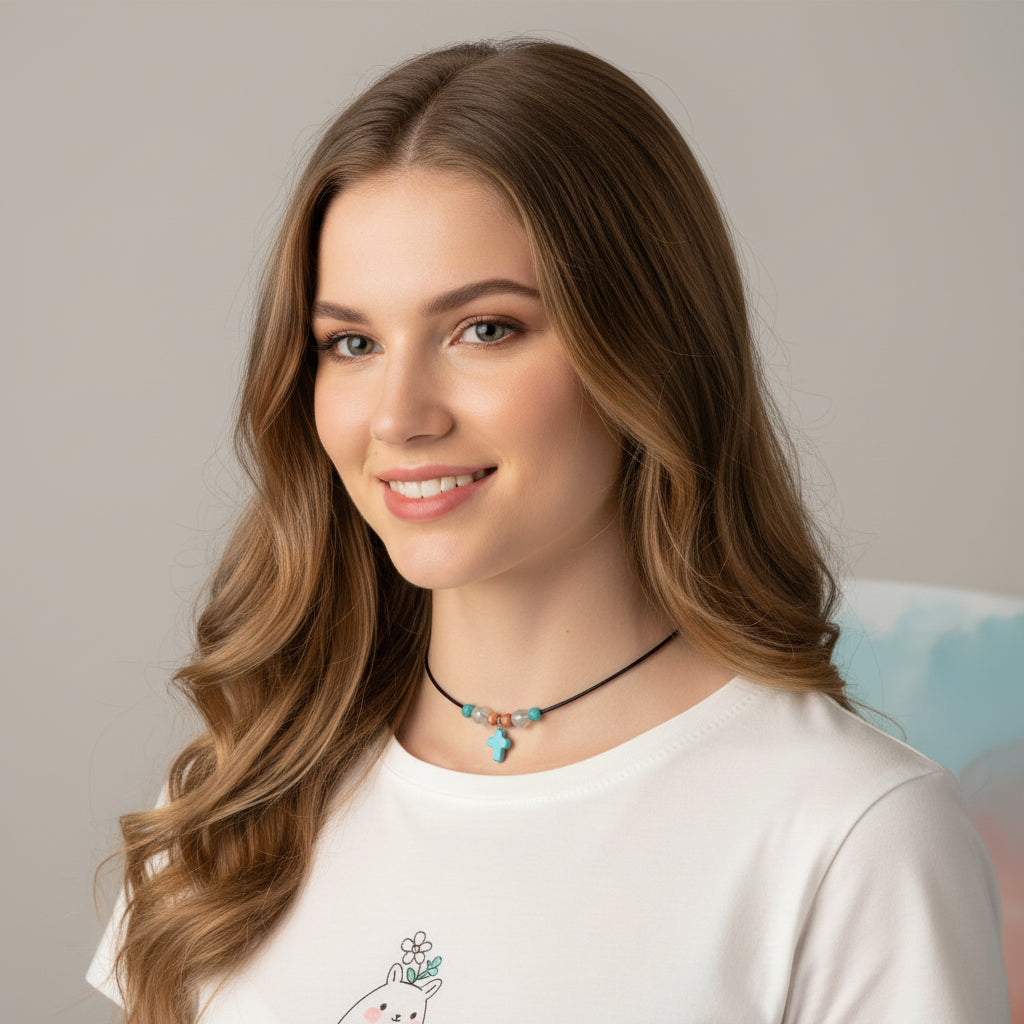 Necklace | Leather | Minimalist | Turquoise Magnesite Mini-Cross | Misty Agate Beads | Spiny Oyster | 14” | 2” Extension