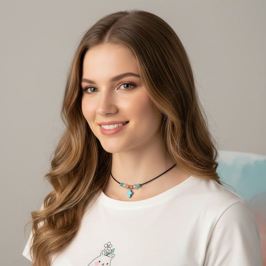 Necklace | Leather | Minimalist | Turquoise Magnesite Mini-Cross | Misty Agate Beads | Spiny Oyster | 14” | 2” Extension