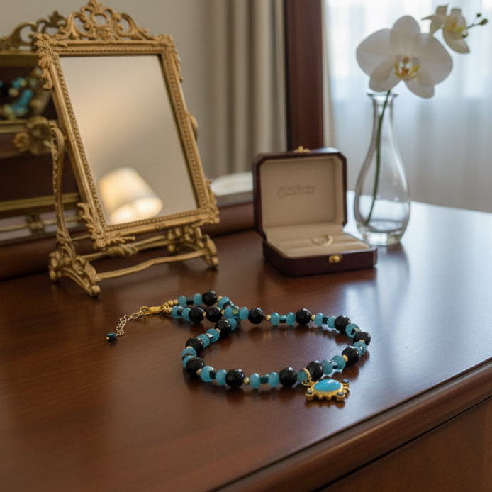 Turquoise Glass Beads  and Onyx Gemstones with a Turquoise and Onyx Pendant 18.5”