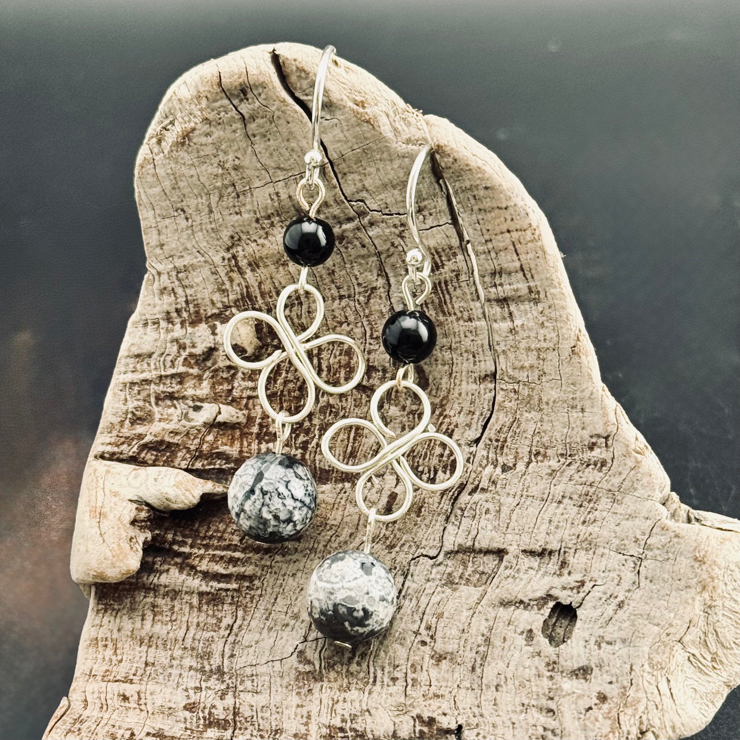 Earrings | Gray and Black Onyx Gemstones| Drop & Dangle | Clover | 1.75"