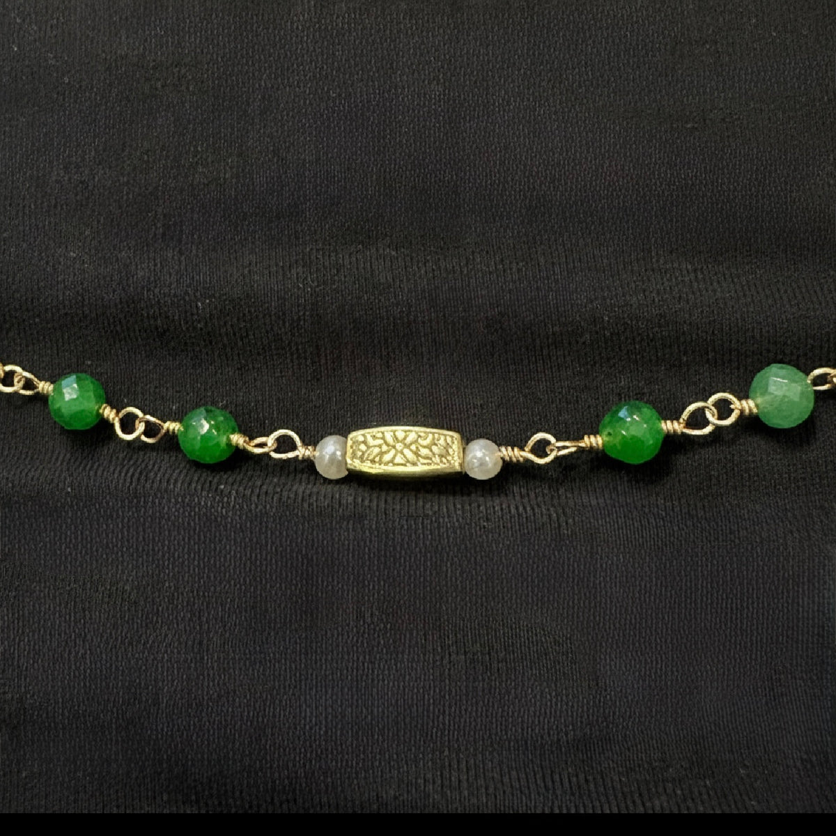 Green Jade Necklace with Decorative Matte Gold Beads| 18” plus 2” Extension