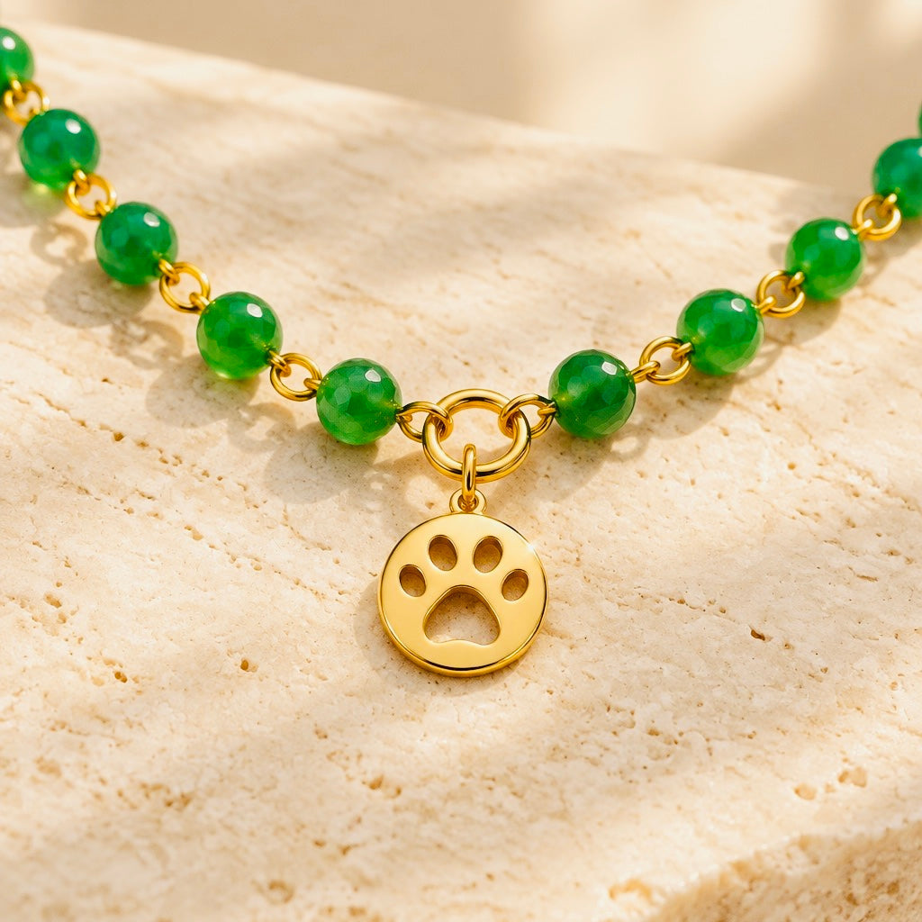 Green Jade Beaded Necklace with PawPrint Charm | 16” with 2” Extension