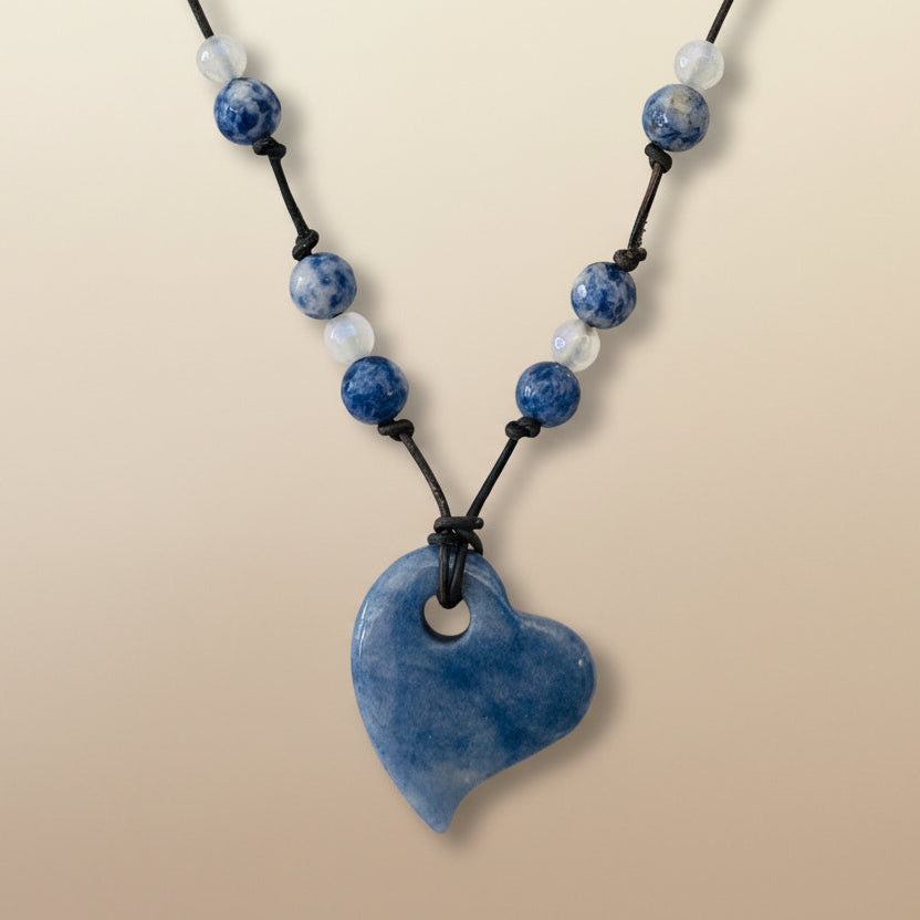 Blue Sodalite Leather Necklace | Blue Aventurine Heart Pendant | 18”