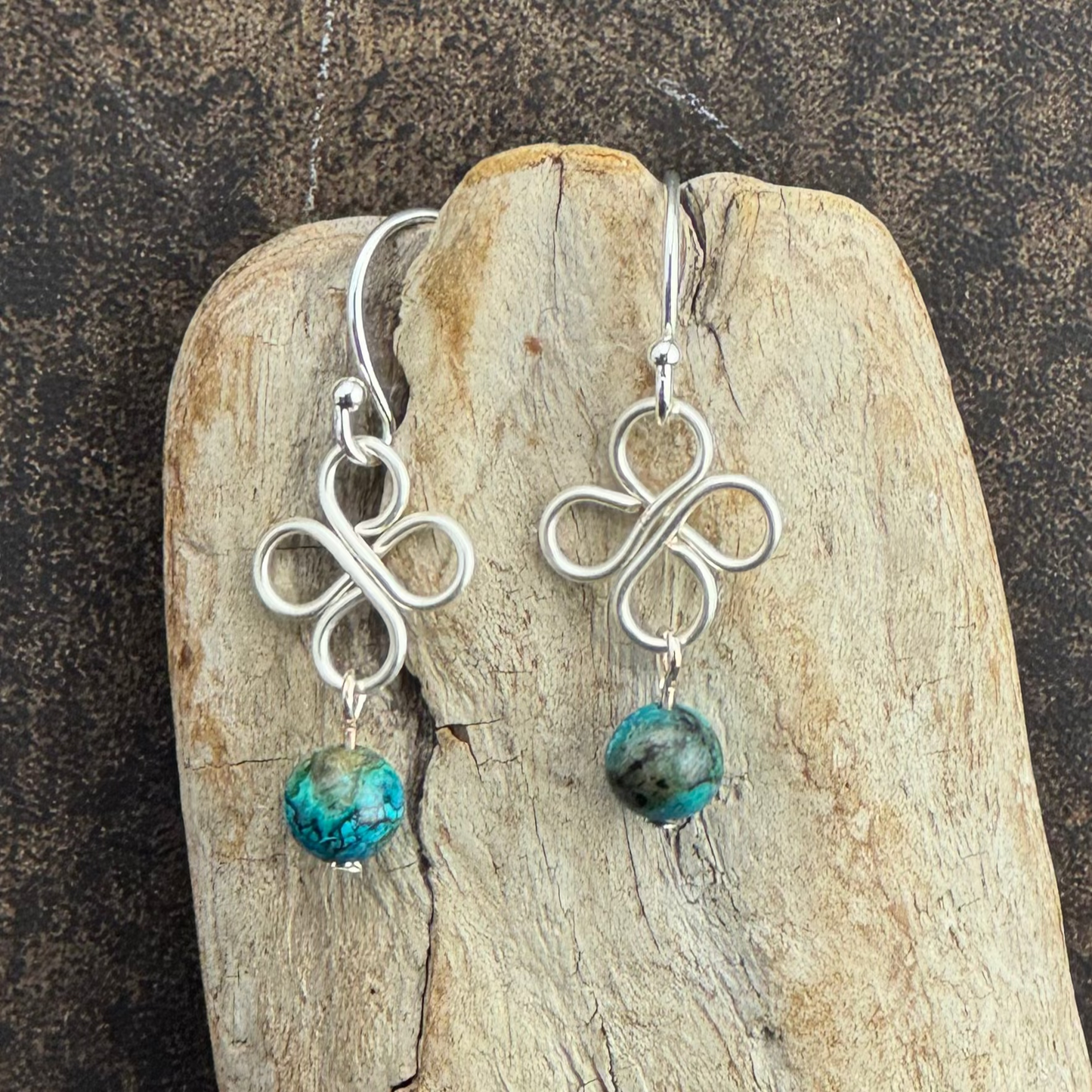 Earrings | Wire-Wrapped Clover Designs | Silver-plated | Turquoise Gemstones | 1.5"