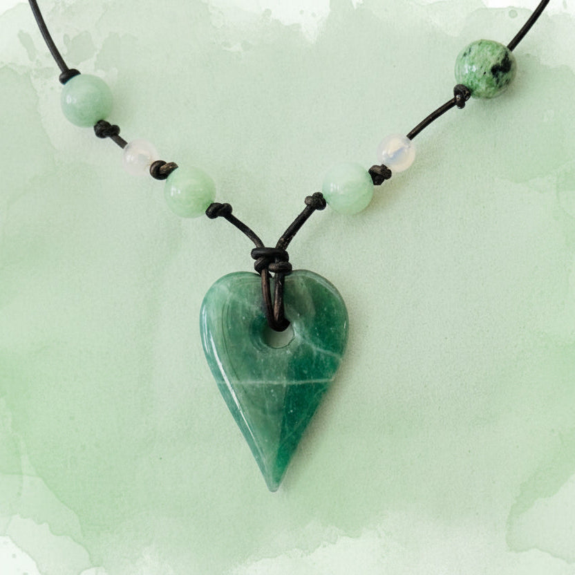 Leather Necklace | Green Aventurine Heart Pendant | Green Jade Beads | Misty Agate Beads | 16" |  2” Extention
