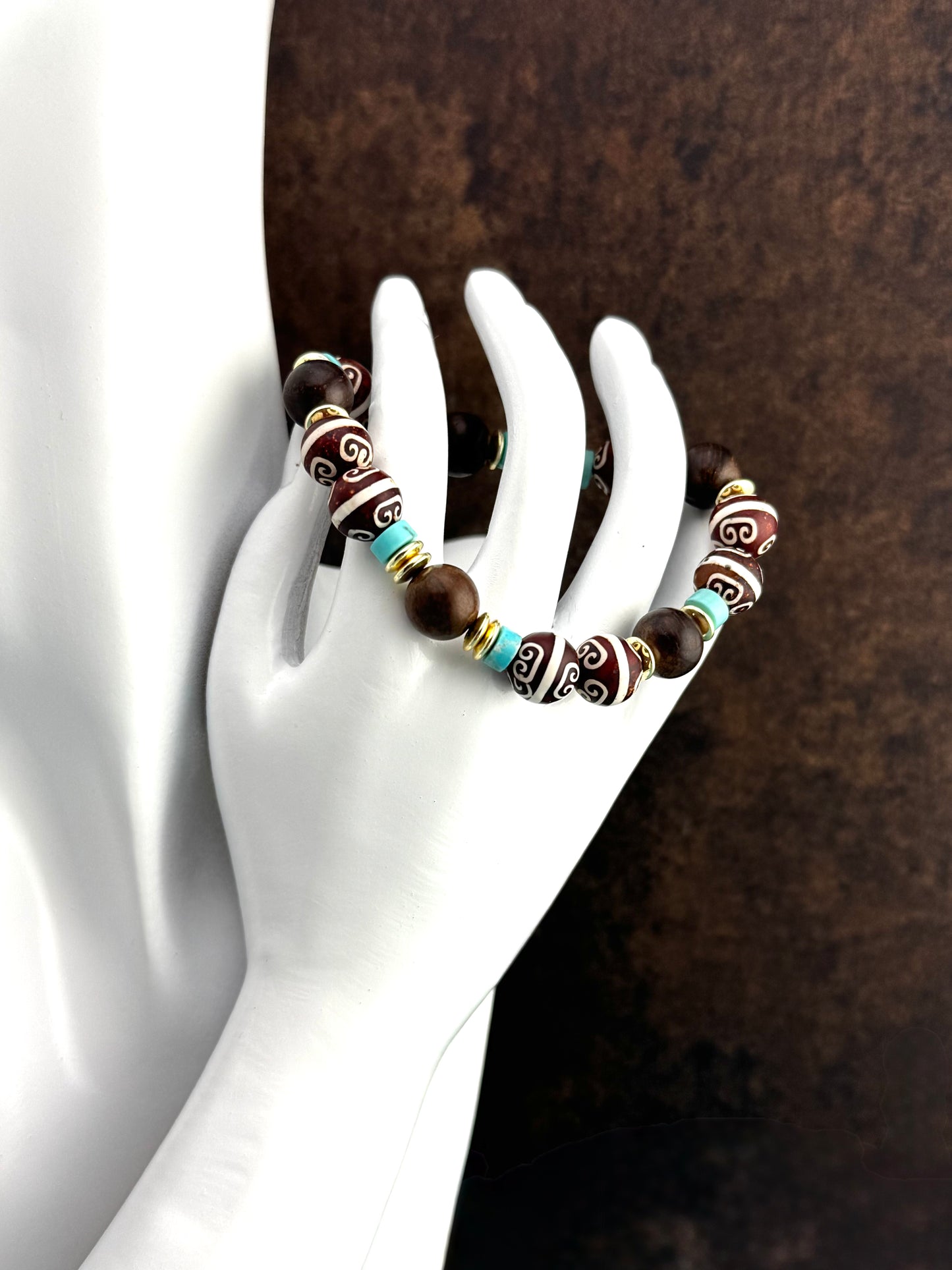 Handpainted Brown Gemstone with Turquoise Magnesite, Wooden Beads, and Gold Beads 7.75"