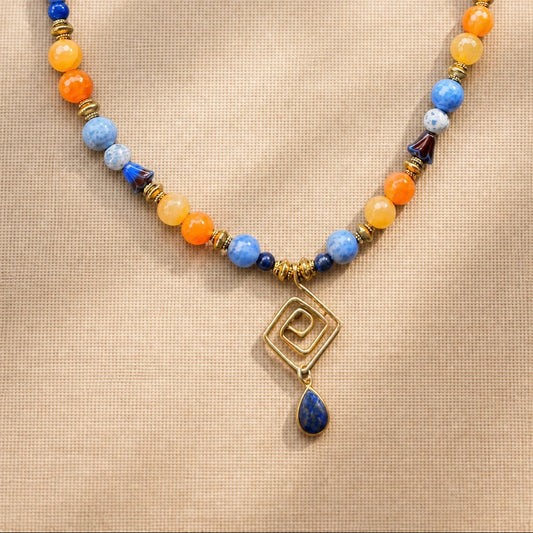 Multi Necklace | Yellow, Orange, and Blue Agate Beads | Featuring Hand-made Geometic Pendant | Focal Sodalite Teardrop | 18" with 2" Extension