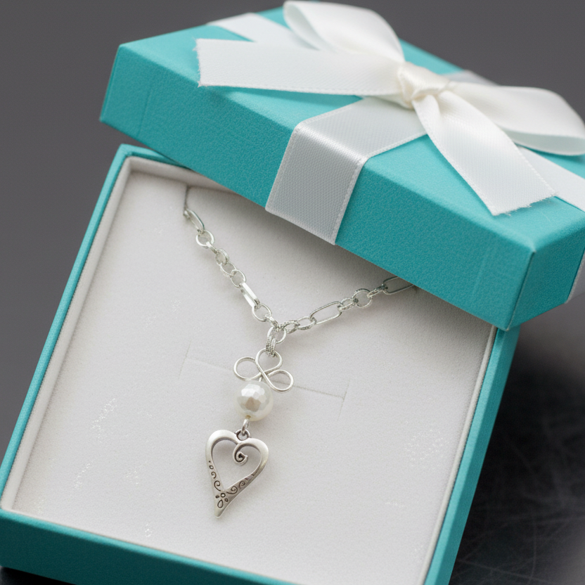 Necklace | Chain | Antique Silver Open Heart Charm | Handmade Pendant | Faceted Glass Pearl |  16”