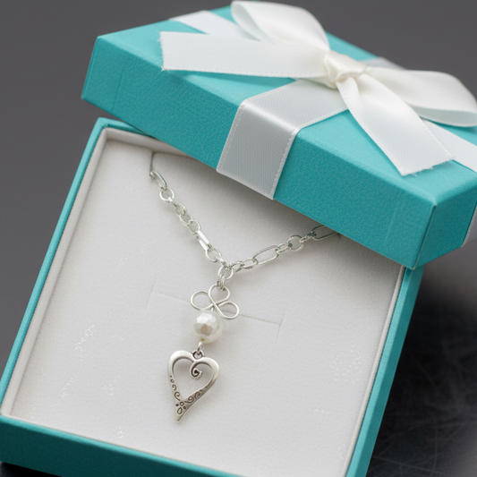 Necklace | Chain | Antique Silver Open Heart Charm | Handmade Pendant | Faceted Glass Pearl |  16”