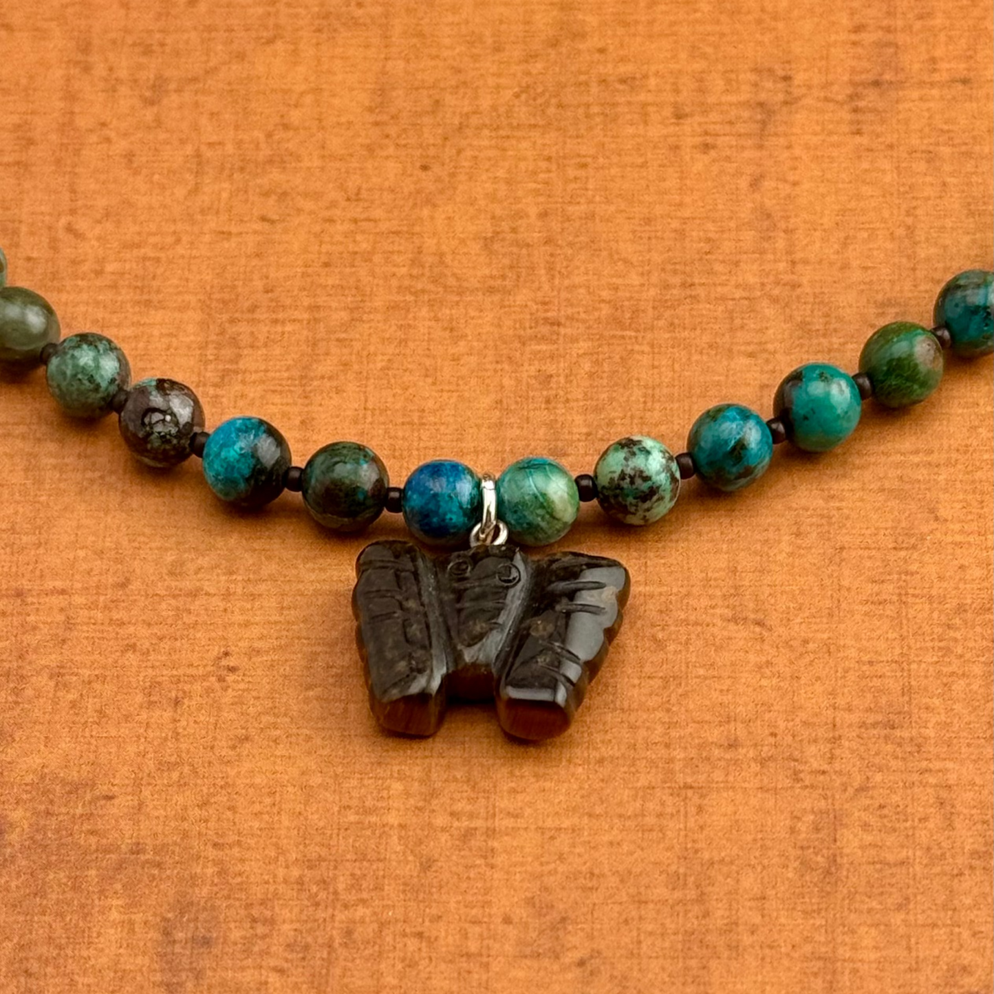 Unique Cryscollar Gemstone Necklace with Tigereye Butterfly Pendant 18” Ext 2”