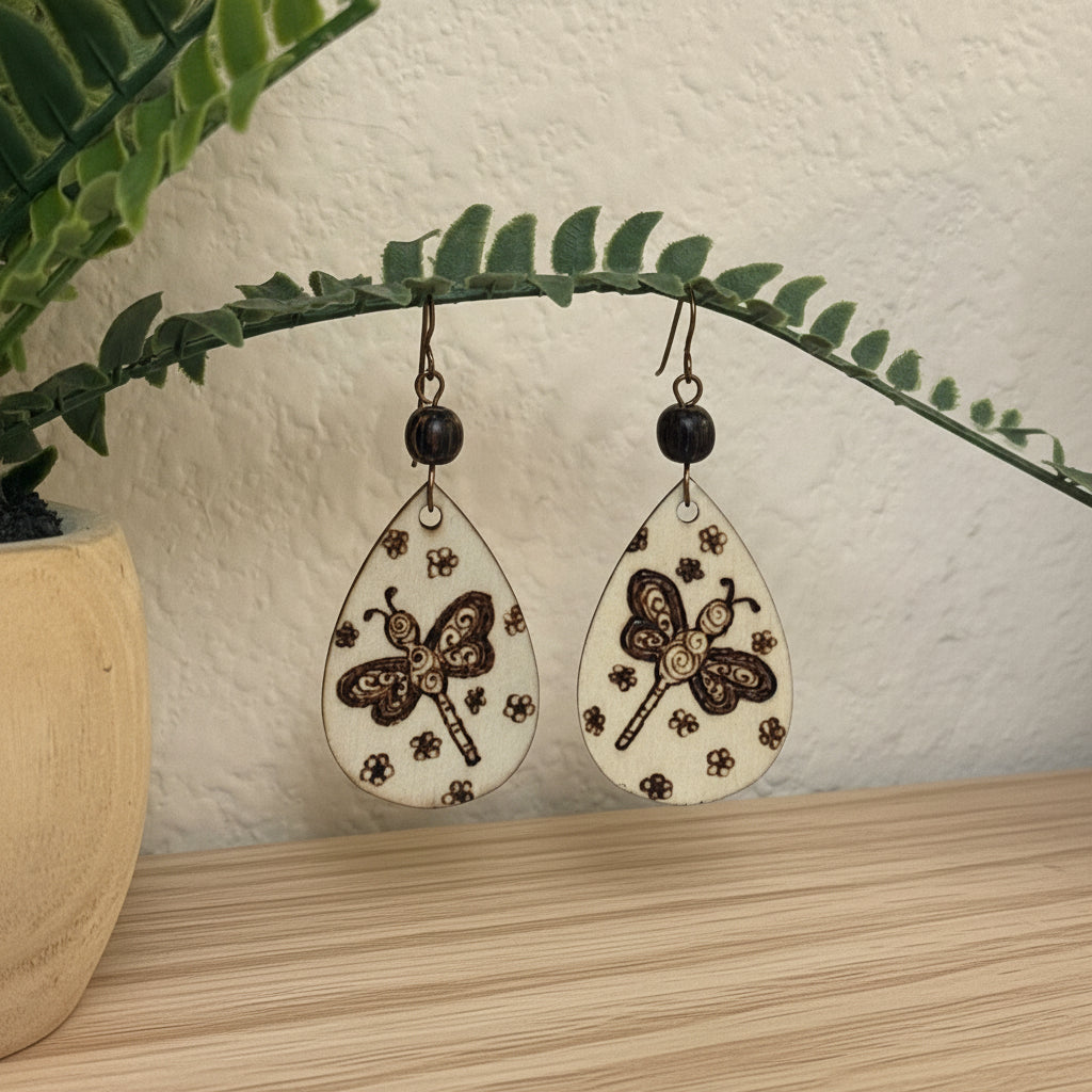 Earrings | Zentangles | Teardrop Shape | Dragonfly Design | Wooden Bead | 3"