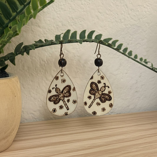 Earrings | Zentangles | Teardrop Shape | Dragonfly Design | Wooden Bead | 3"