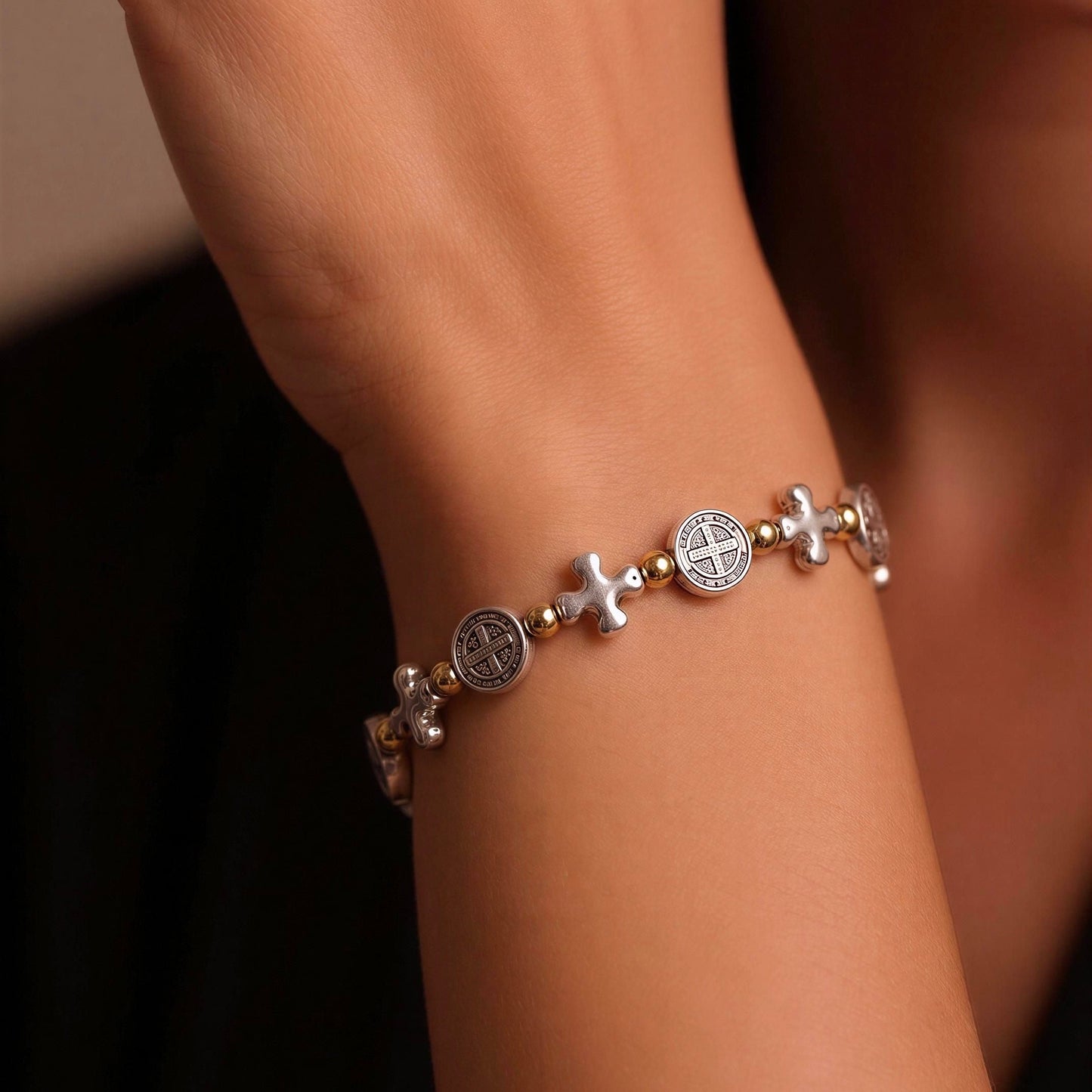 Bracelet | Religious Oval | Mini-Cross | 18K Gold-Filled Beads | Antique Silver | Stretch