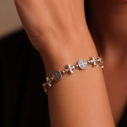 Bracelet | Religious Oval | Mini-Cross | 18K Gold-Filled Beads | Antique Silver