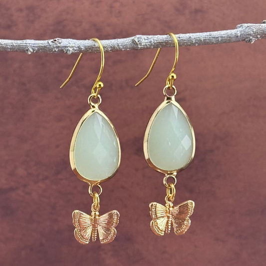 White Jade Butterfly Earrings 1.75"