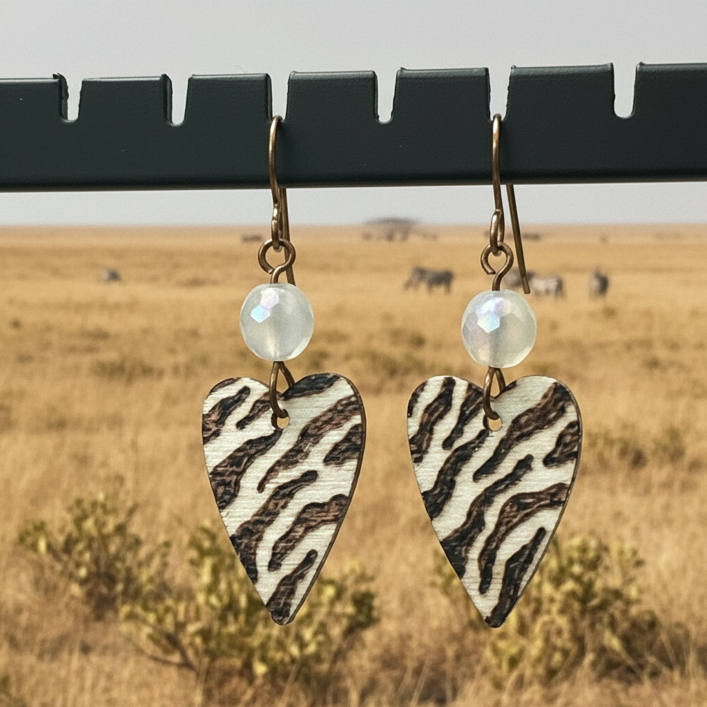 Earrings | Zentangles | Heart-shaped | Woodburned | Moonstone Gemstones | Small Size | 1.5"