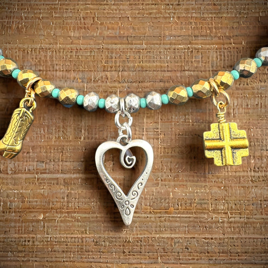 Southwest Charm Necklace with Antique Silver & Gold Beads 19"