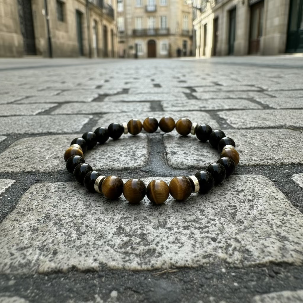 Golden Tigereye Gemstones | Black Onyx Gemstones | 18K Gold-plated Discs | Stretch Bracelet