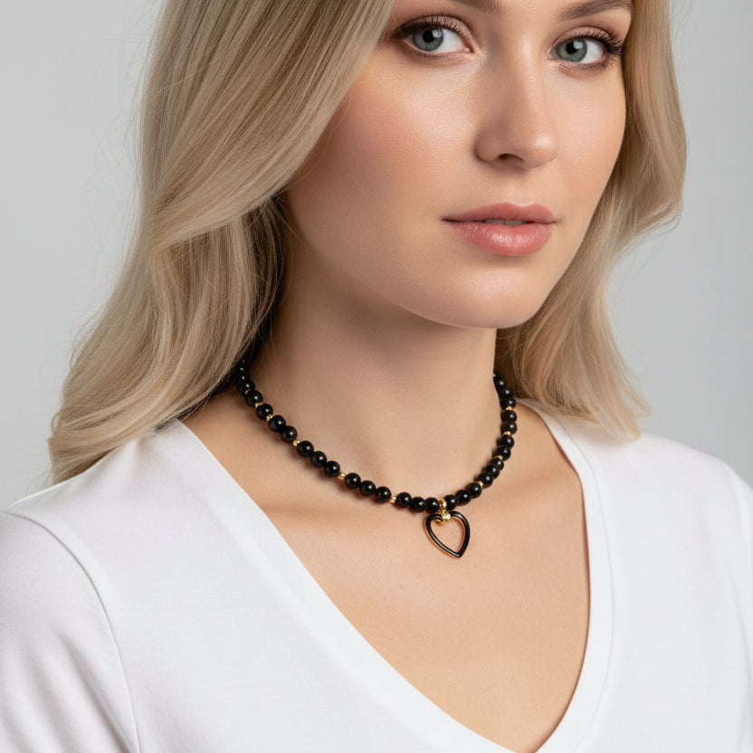 Necklace | Black Enamel Heart Pendant | Onyx | 18K Gold-filled Beads | 16” | 2”Ext