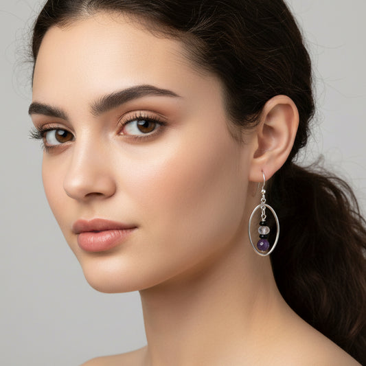 Earrings | Oval | Amethyst & Onyx Gemstones | 1.75”