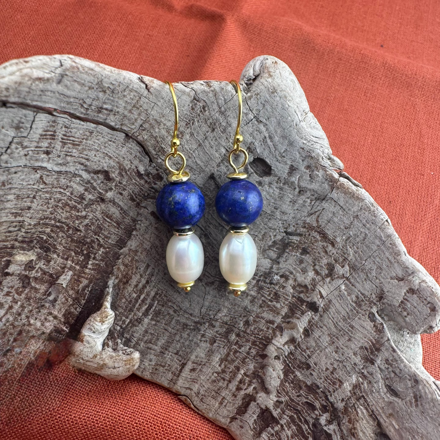 Earrings | Lapis | Freshwater Pearls | 18K Gold-filled Flat Discs | Statement Earrings | 1.75"