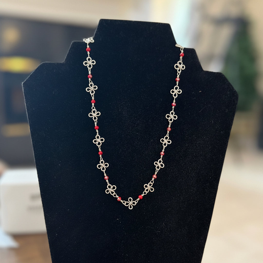 Wire-wrapped Silver Clover Necklace with Red Czech Beads | 16”