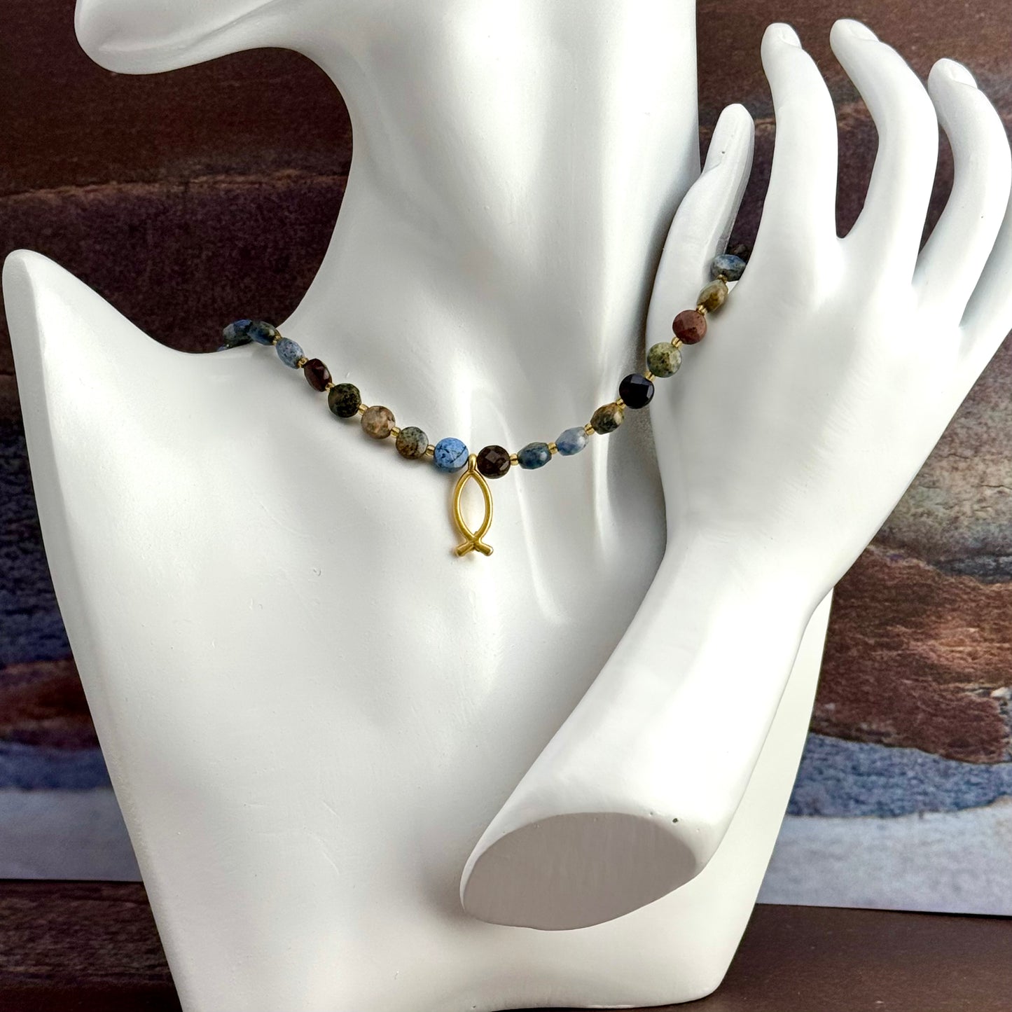Fire Opal Gemstone Necklace with Christian Fish pendant 15” Ext 2”
