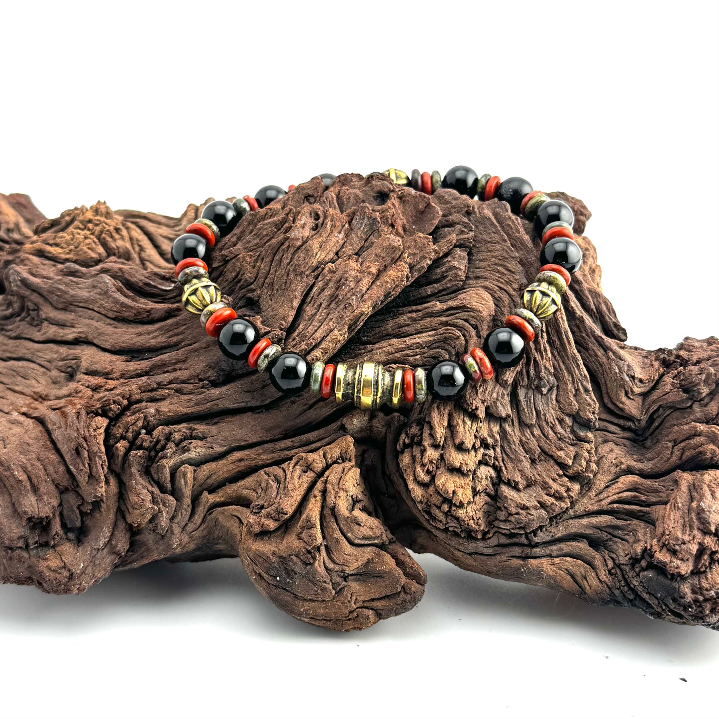 Black Onyx | Red Jasper | Jade Green Heishe Beads | Antique Brass Focal Beads