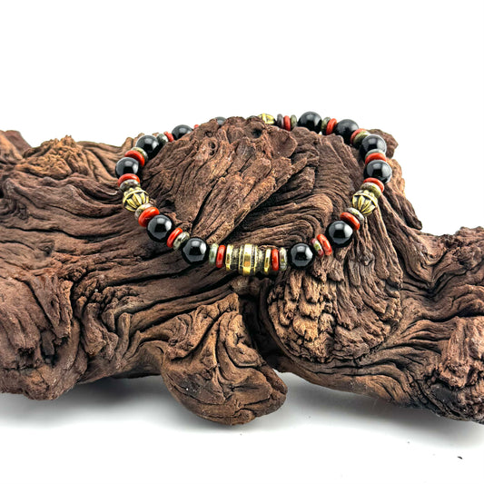 Black Onyx | Red Jasper | Jade Green Heishe Beads | Antique Brass Focal Beads