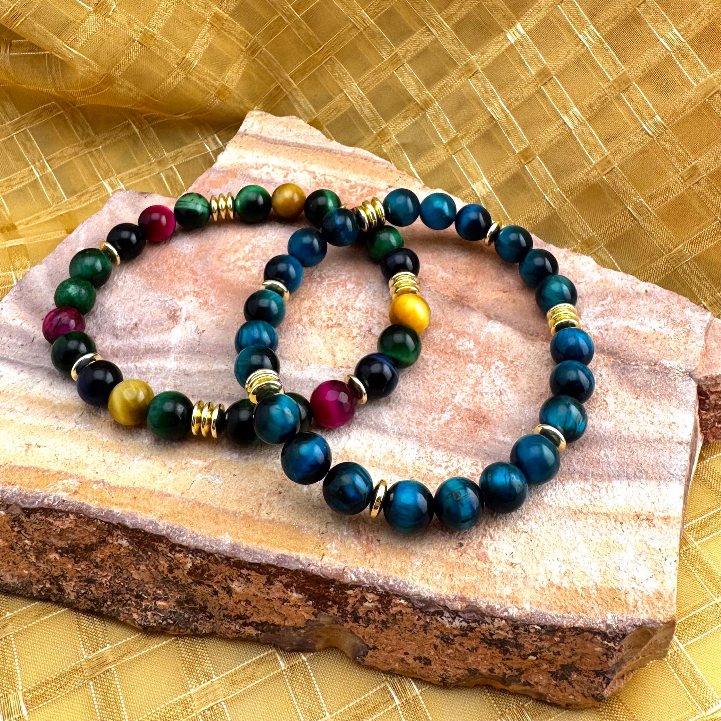 Tigereye Gemstones | 18K Gold-plated Spacer Discs | Triple Spacers | Bracelet