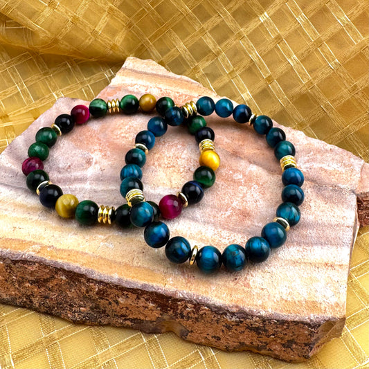 Tigereye Gemstones | 18K Gold-plated Spacer Discs | Triple Spacers | Bracelet