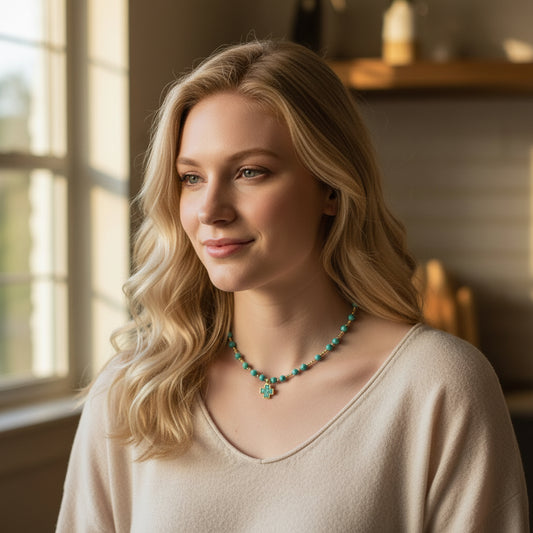 Necklace | Turquoise Cross Pendant | Gold-Filled Ball Beads | 16”