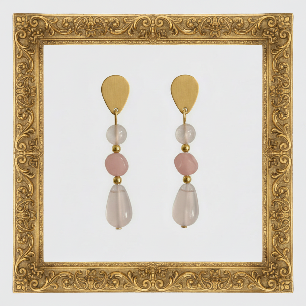Pink Glass Beads with Teardrop white Moonstones and Round White Quartz Earrings 2”