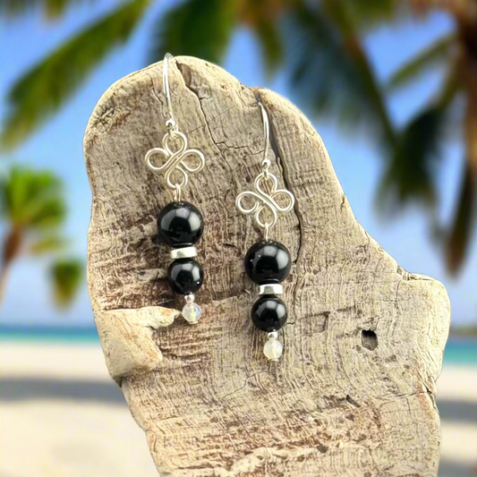 Earrings | Onyx Gremstones | Wire-Wrapped Clover Findings | Moonstone | Silver-plated Spacers | 2"