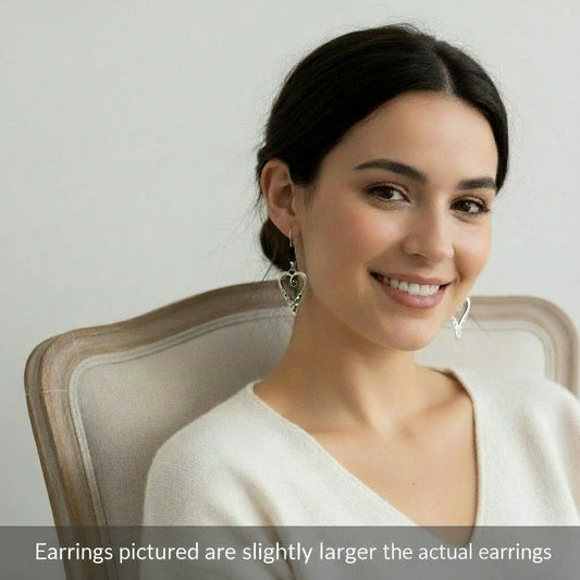 Earrings | Antique Silver Heart Charm | Kidney-shaped Earwires | Onyx Beads | 2"