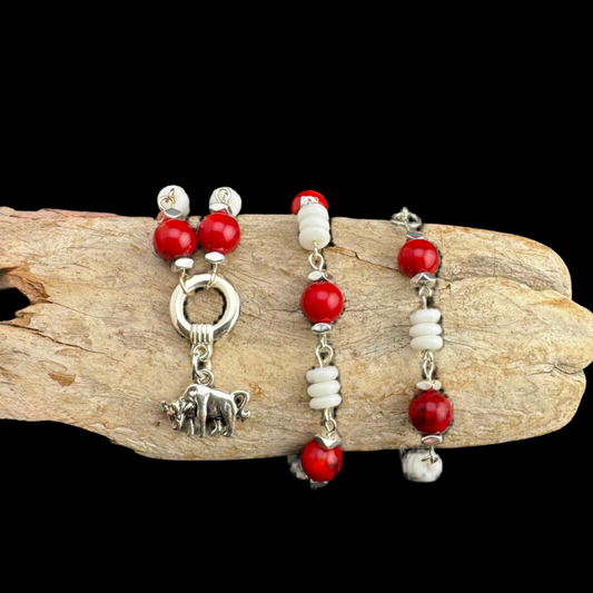 Red, White, and Silver Necklace with Brahman Charm 18"