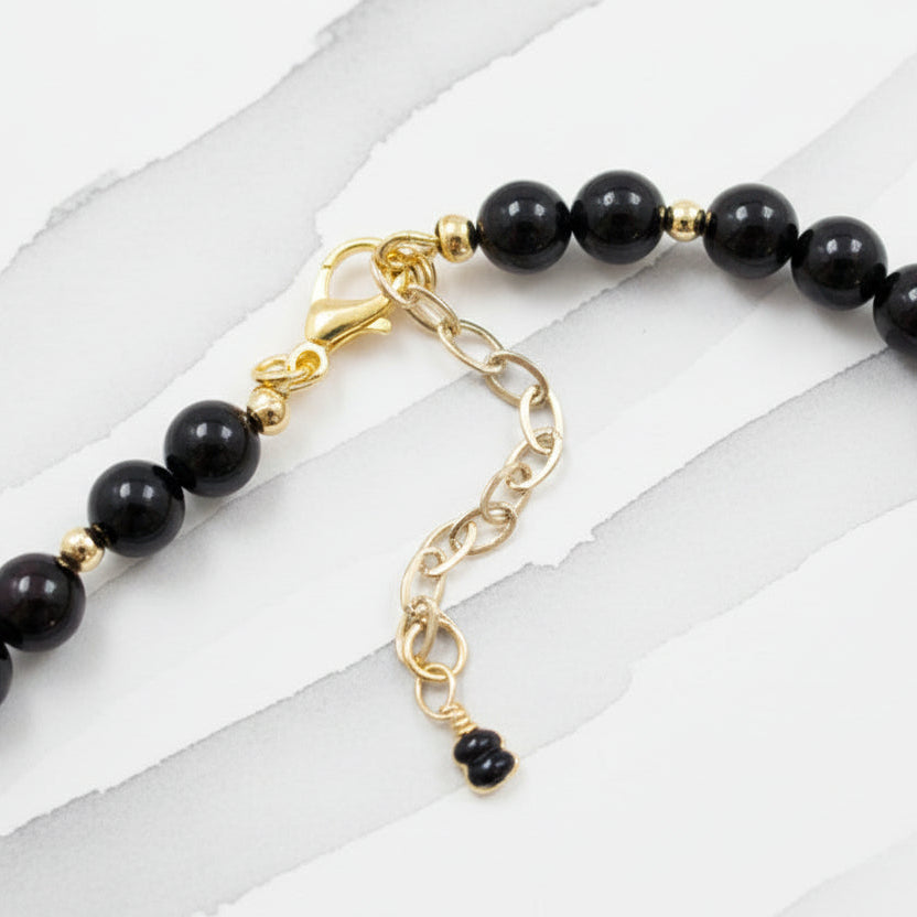 Necklace | Black Enamel Heart Pendant | Onyx | 18K Gold-filled Beads | 16” | 2”Ext