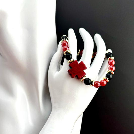 Red Agate | Dyed Cross | Round Onyx | Gold-plated Spacer Beads