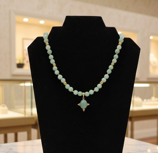 Green Jade Necklace featuring a Beautiful Carved Amazonite Pendant 16” with 2” Extension