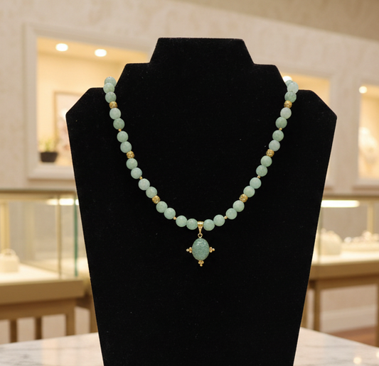 Green Jade Necklace featuring a Beautiful Carved Amazonite Pendant 16” with 2” Extension