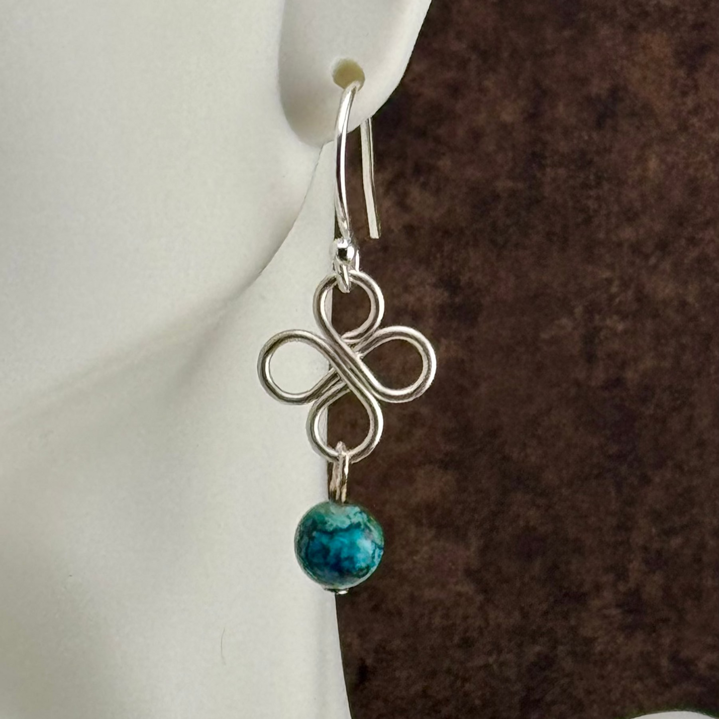 Earrings | Wire-Wrapped Clover Designs | Silver-plated | Turquoise Gemstones | 1.5"