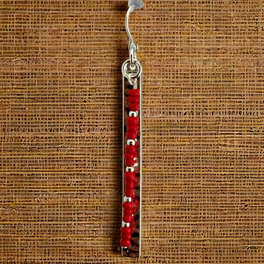 Silver Plated Bar Earrings with Red Seed Beads 3"